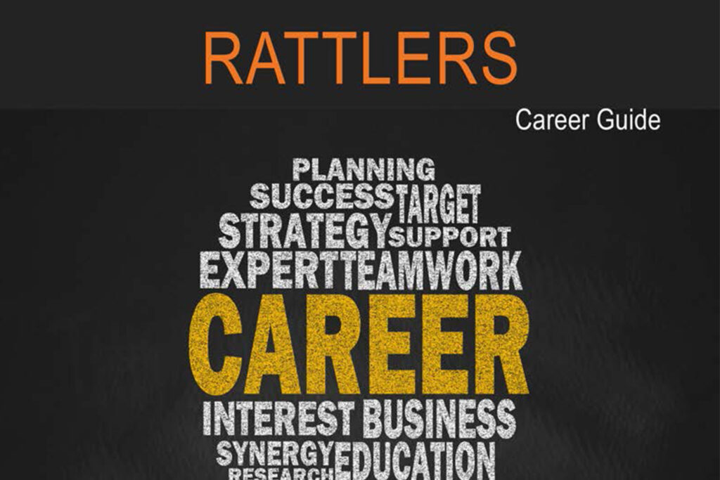 Rattler Career Guide cover showing word cloud of all that careers and planning entail like success strategy teamwork education development and growth
